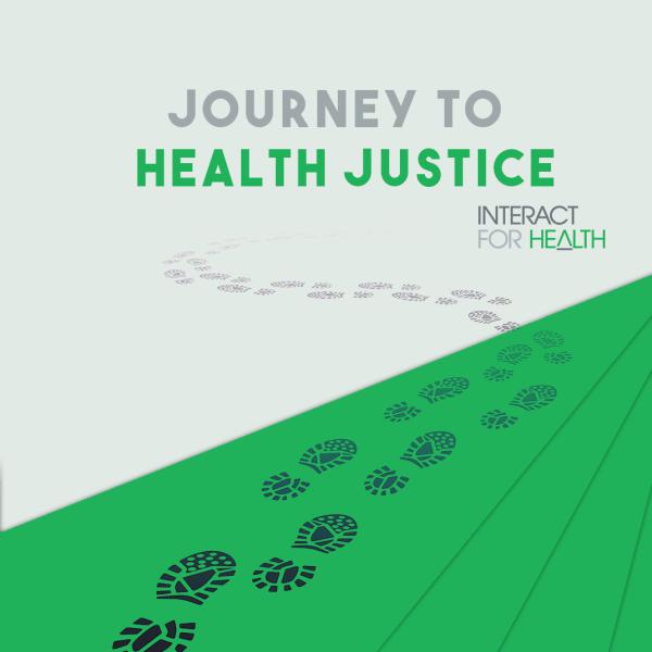 Logo for event Journey to Health Justice with footprints  walking off green stairs toward the words Journey to Health Justice